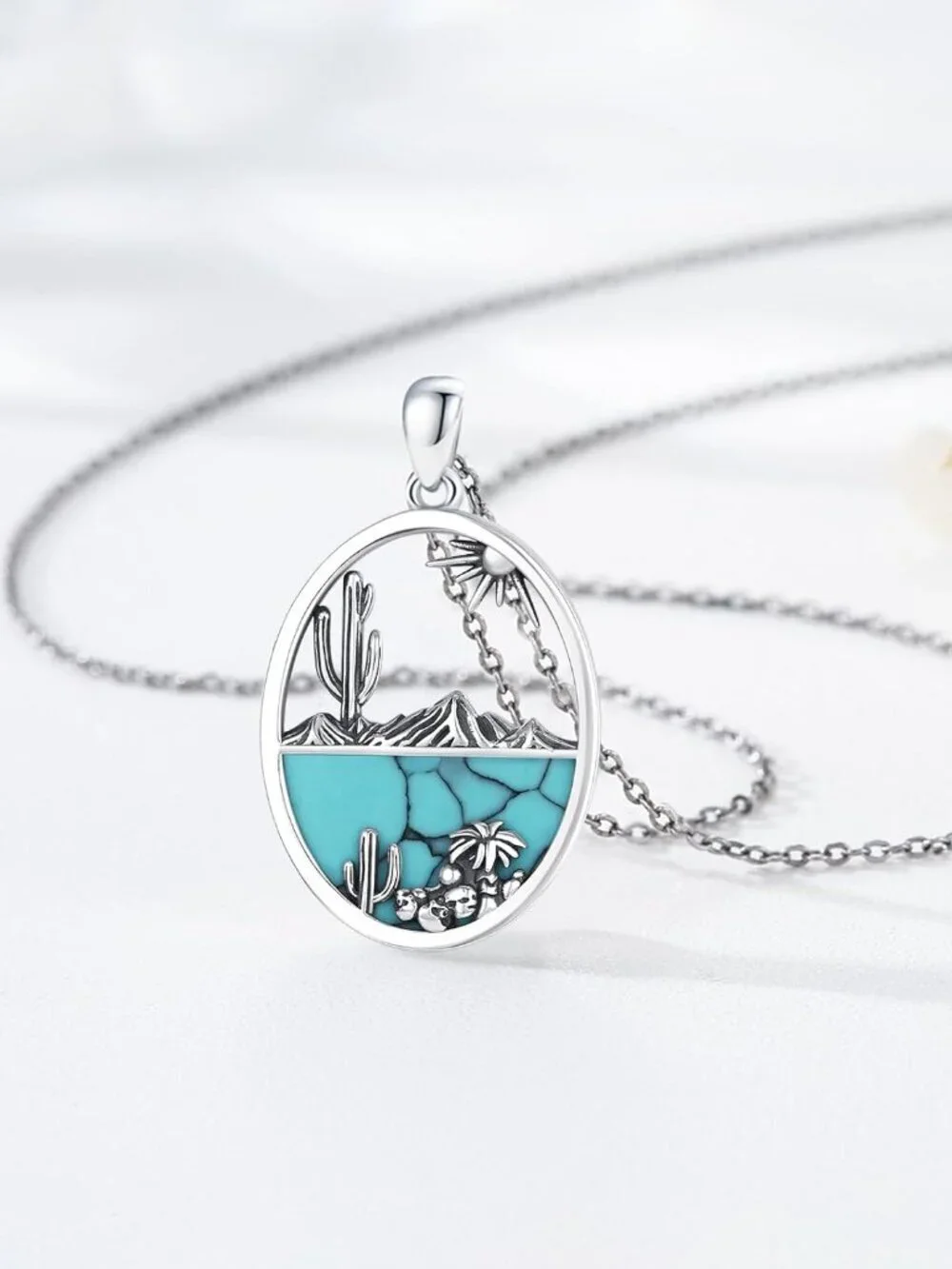 Women's Cactus B Sterling Turquoise Pendant Highland Cow Skull Western Necklace
